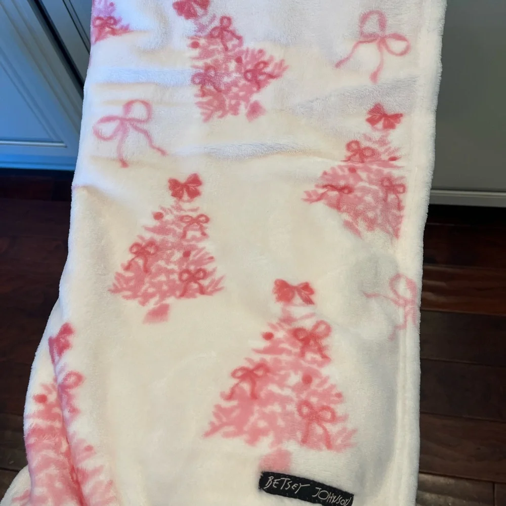 Betsey Johnson Pink and Cream Christmas Tree Plush Blanket Throw